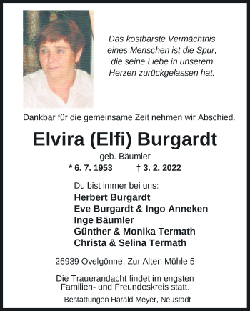 Traueranzeigen Von Elvira Burgardt Nordwest Trauer De