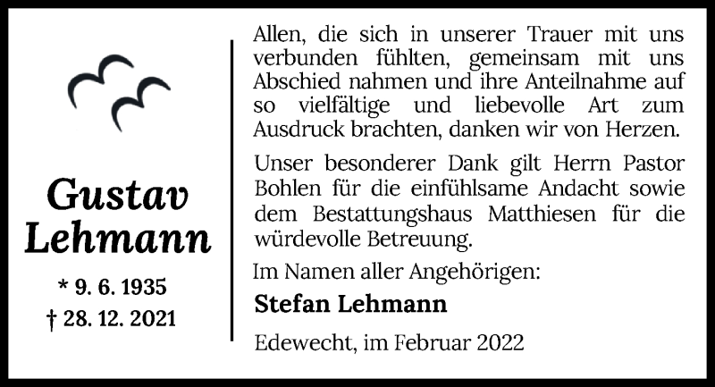 Traueranzeigen Von Gustav Lehmann Nordwest Trauer De