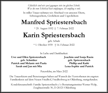 Traueranzeige von Karin und Manfred Spriestersbach von Nordwest-Zeitung