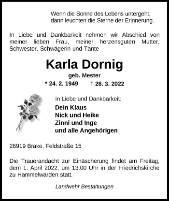 Traueranzeigen Von Karla Dornig Nordwest Trauer De