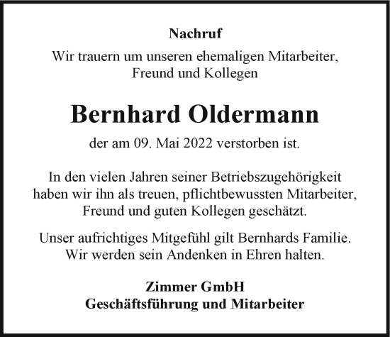 Traueranzeige von Bernhard Oldermann von Emder Zeitung