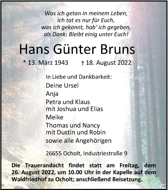 Traueranzeigen Von Hans G Nter Bruns Nordwest Trauer De