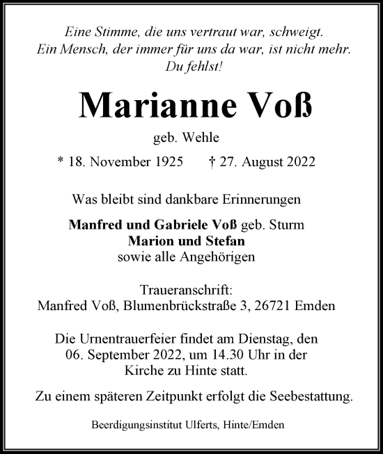 Traueranzeigen von Marianne Voß nordwest trauer de