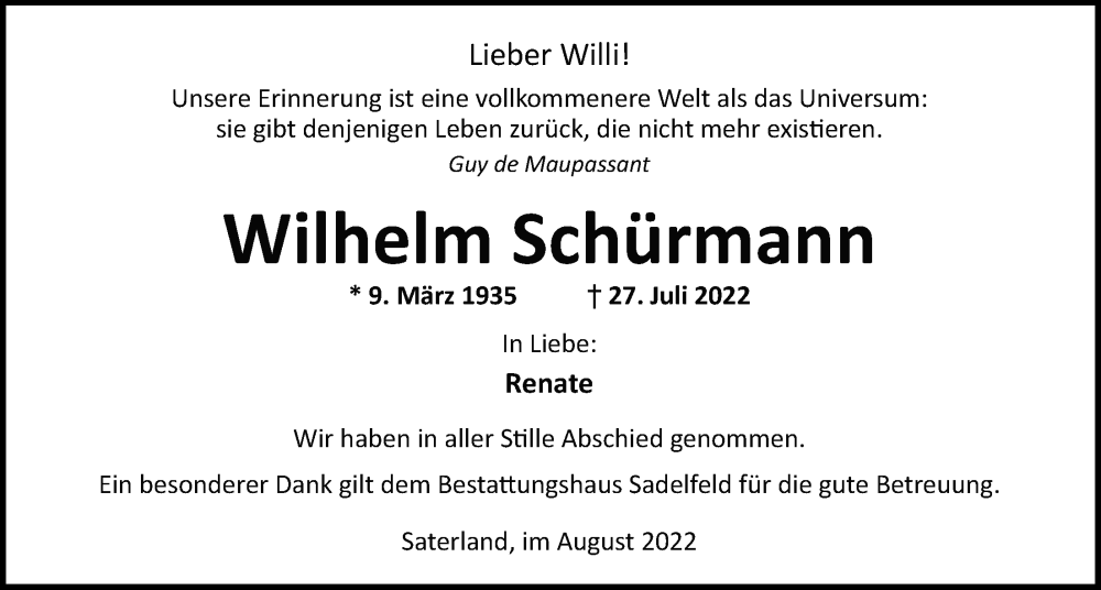 Traueranzeigen Von Wilhelm Sch Rmann Nordwest Trauer De