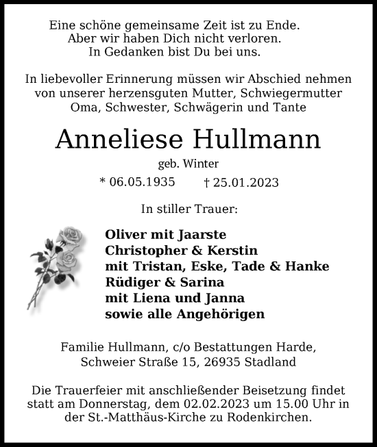 Traueranzeigen Von Anneliese Hullmann Nordwest Trauer De