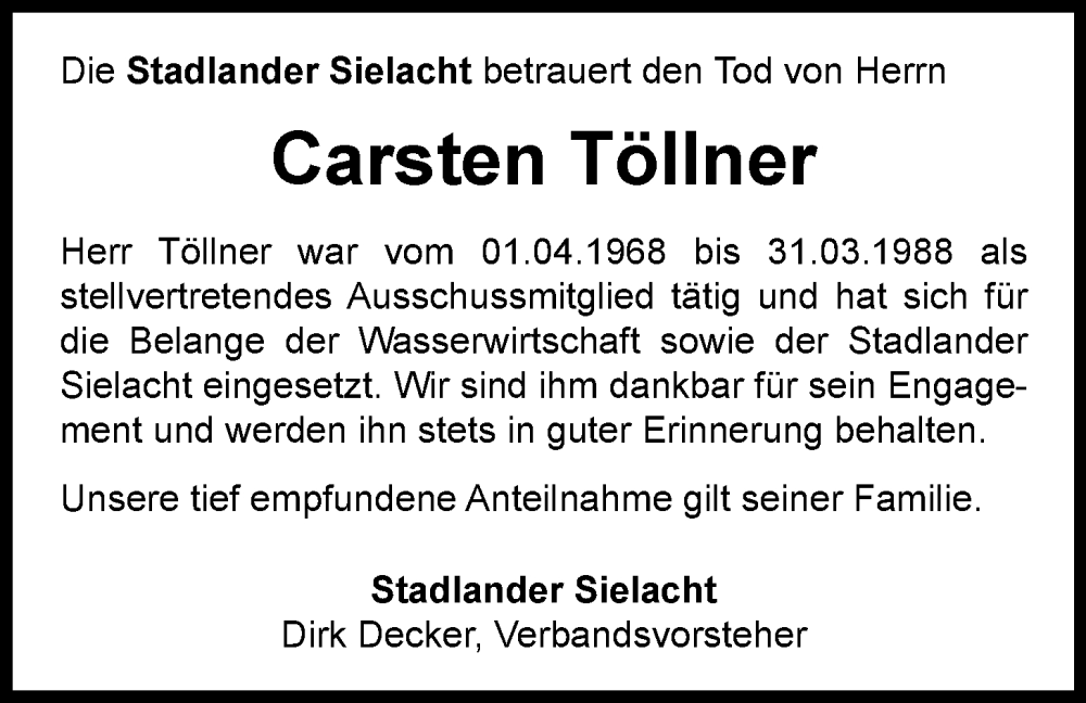 Traueranzeigen von Carsten Töllner nordwest trauer de