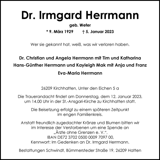 Traueranzeigen Von Dr Irmgard Herrmann Nordwest Trauer De