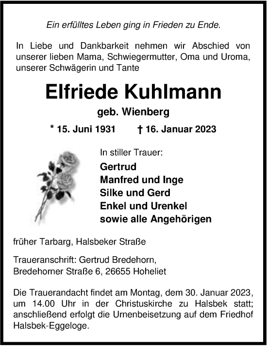 Traueranzeigen Von Elfriede Kuhlmann Nordwest Trauer De