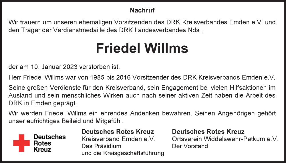 Traueranzeigen Von Friedel Willms Nordwest Trauer De