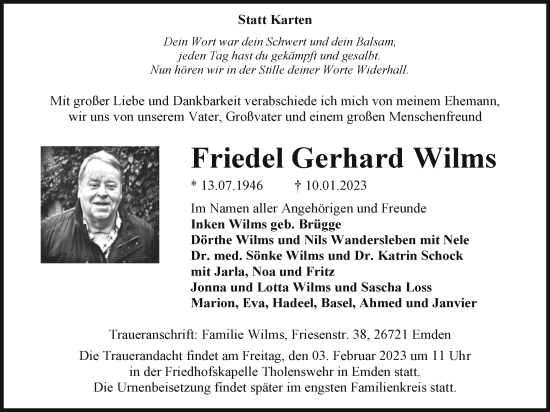 Traueranzeigen Von Friedel Gerhard Wilms Nordwest Trauer De