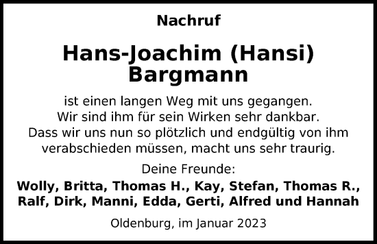 Traueranzeigen Von Hans Joachim Bargmann Nordwest Trauer De