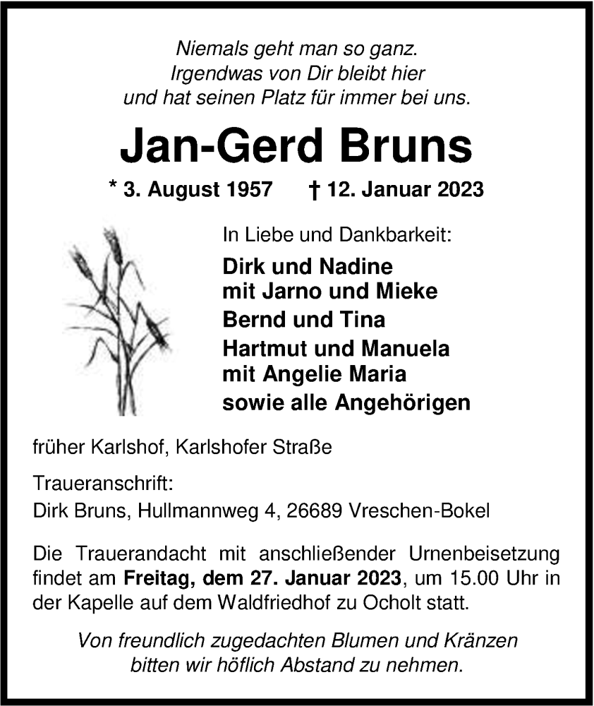 Traueranzeigen Von Jan Gerd Bruns Nordwest Trauer De