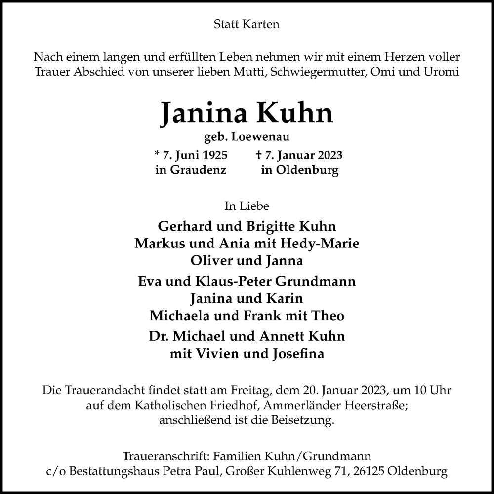 Traueranzeigen Von Janina Kuhn Nordwest Trauer De