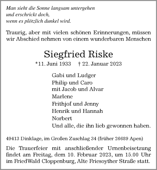 Traueranzeigen Von Siegfried Riske Nordwest Trauer De