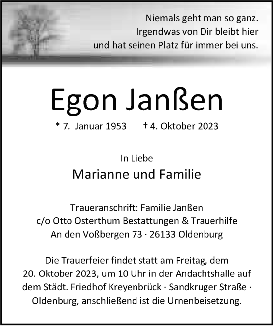 Traueranzeigen von Egon Janßen nordwest trauer de