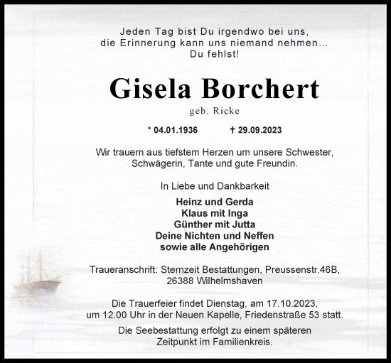 Traueranzeigen Von Gisela Borchert Nordwest Trauer De