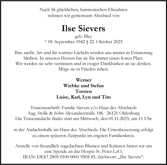 Traueranzeigen Von Ilse Sievers Nordwest Trauer De