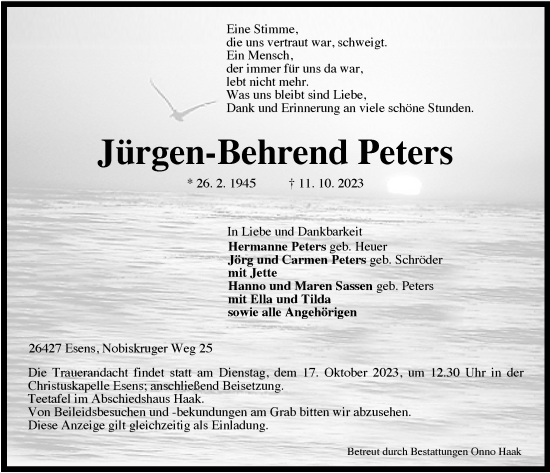 Traueranzeigen von Jürgen Behrend Peters nordwest trauer de