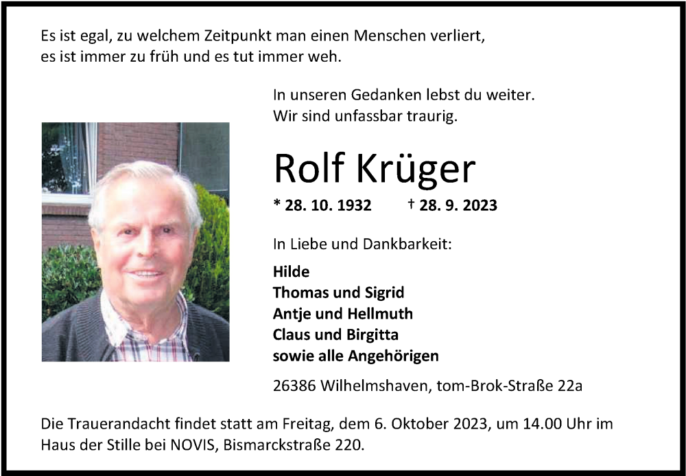 Traueranzeigen von Rolf Krüger nordwest trauer de