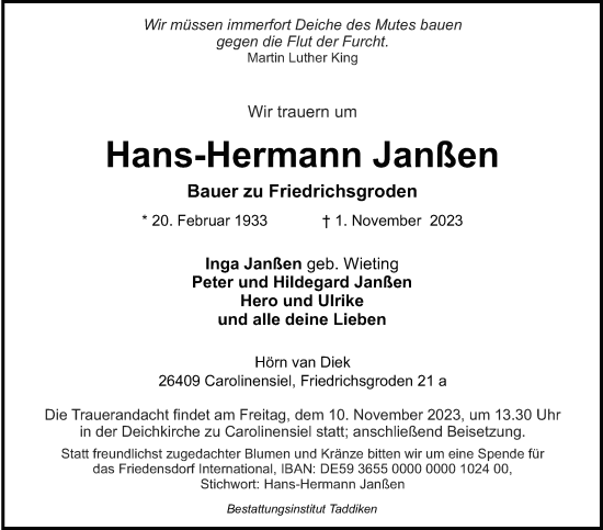 Traueranzeigen von Hans Hermann Janßen nordwest trauer de