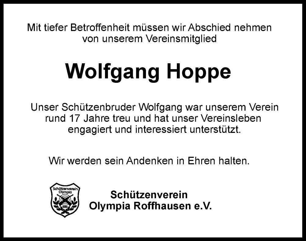 Traueranzeigen Von Wolfgang Hoppe Nordwest Trauer De