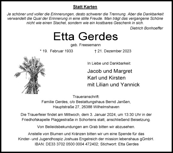 Traueranzeigen Von Etta Gerdes Nordwest Trauer De