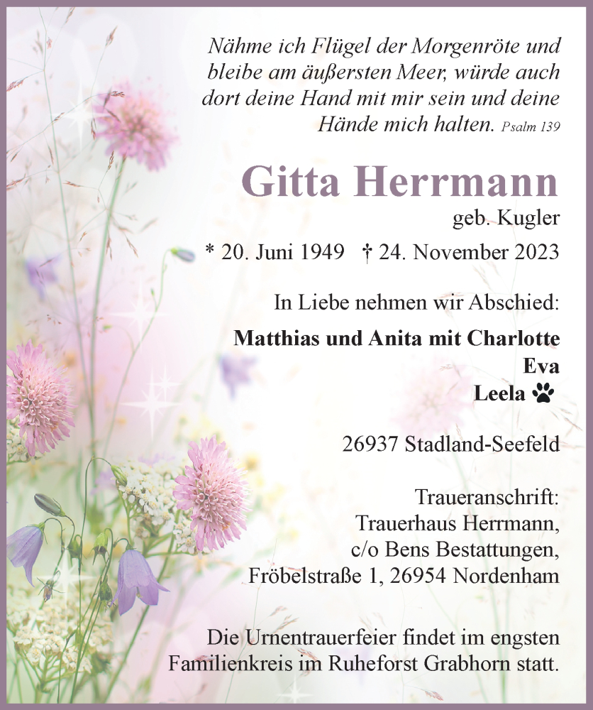 Traueranzeigen Von Gitta Herrmann Nordwest Trauer De