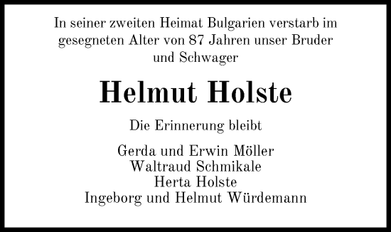 Traueranzeige von Helmut Holste von Nordwest-Zeitung