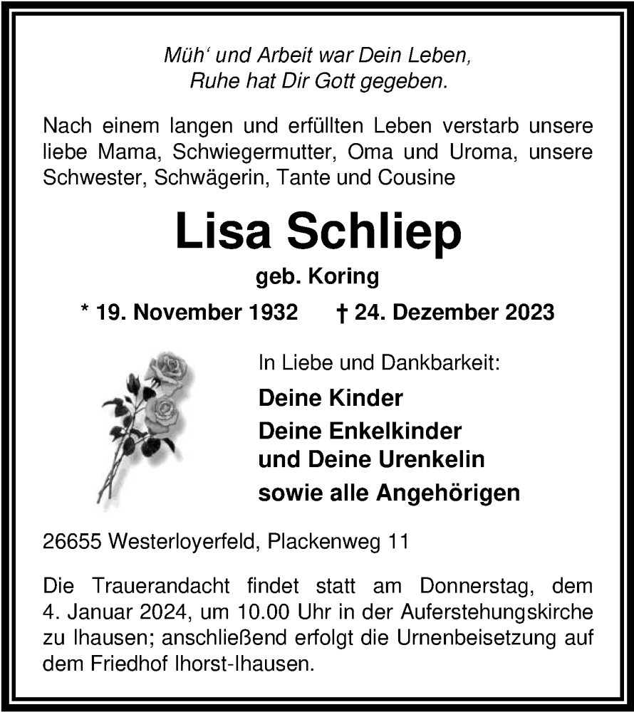 Traueranzeigen Von Lisa Schliep Nordwest Trauer De