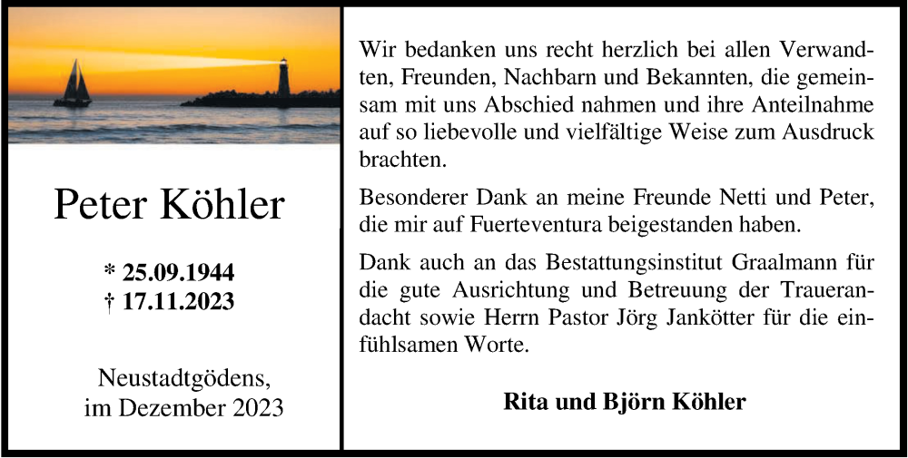 Traueranzeigen Von Peter K Hler Nordwest Trauer De