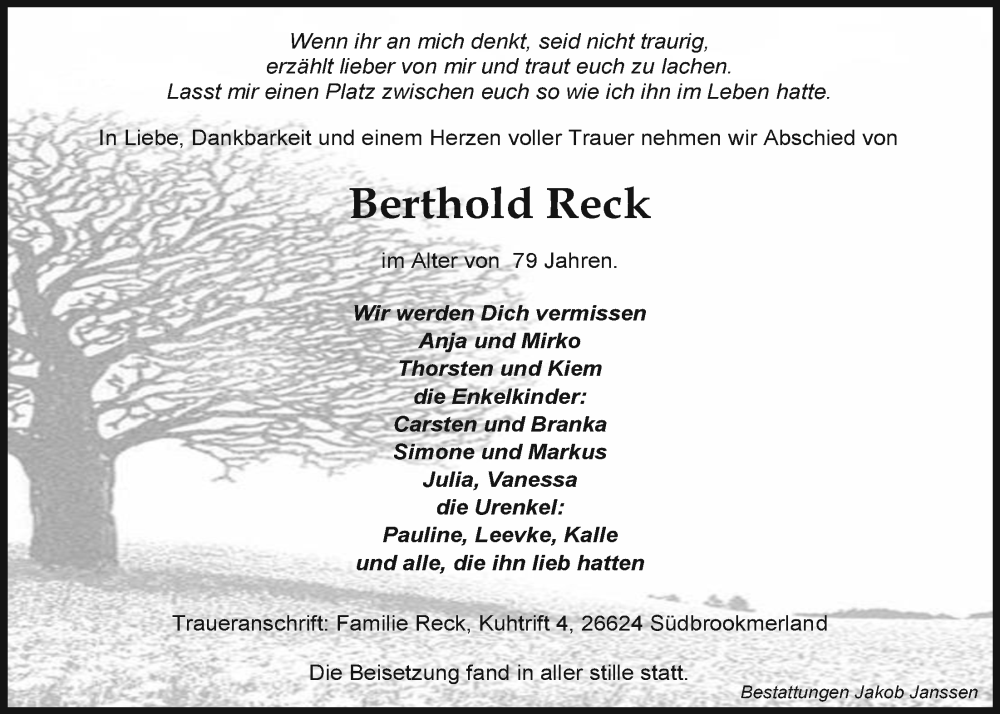 Traueranzeigen Von Berthold Reck Nordwest Trauer De