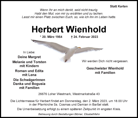 Traueranzeigen Von Herbert Wienhold Nordwest Trauer De