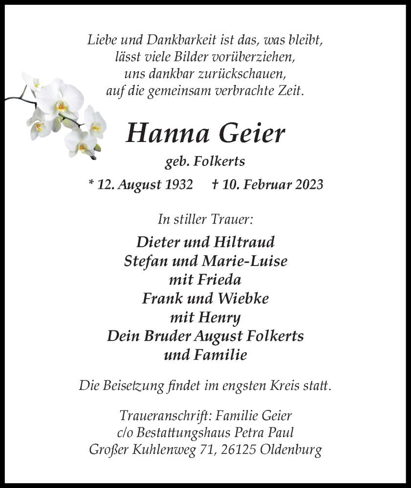 Traueranzeigen Von Hanna Geier Nordwest Trauer De