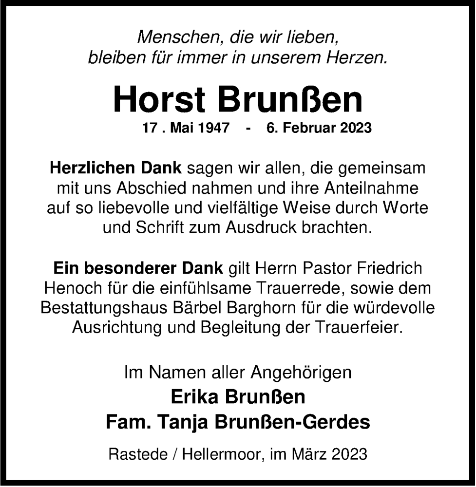 Traueranzeigen Von Horst Brun En Nordwest Trauer De