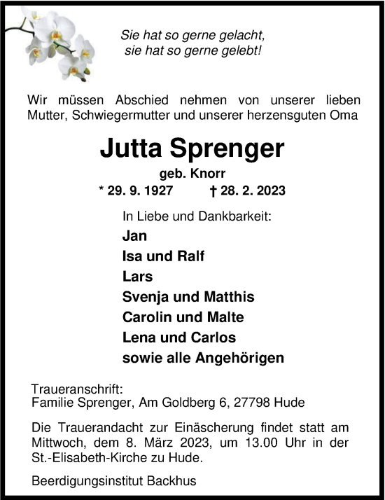 Traueranzeigen Von Jutta Sprenger Nordwest Trauer De