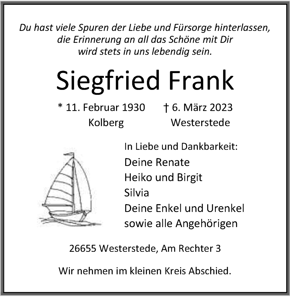 Traueranzeigen Von Siegfried Frank Nordwest Trauer De