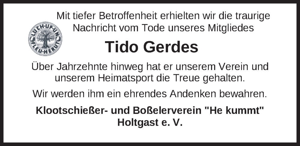 Traueranzeigen Von Tido Gerdes Nordwest Trauer De