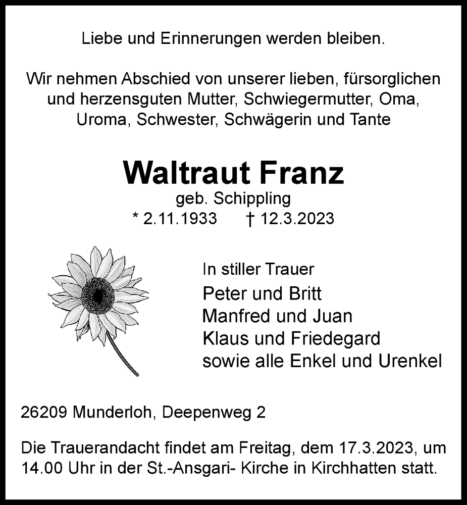 Traueranzeigen Von Waltraut Franz Nordwest Trauer De