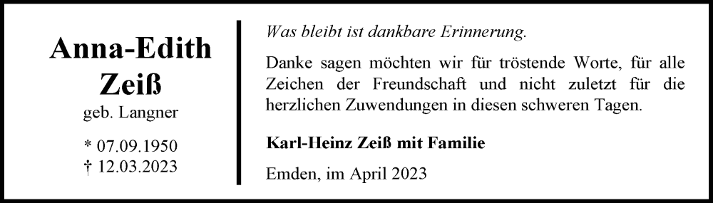 Traueranzeigen von Anna Edith Zeiß nordwest trauer de