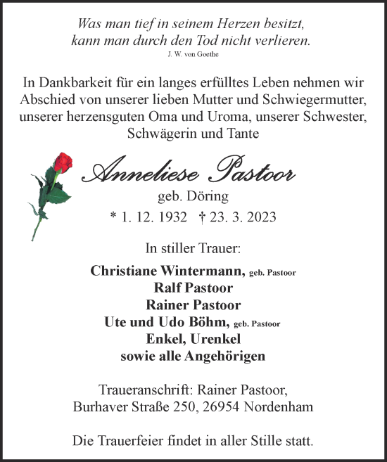 Traueranzeigen Von Anneliese Pastoor Nordwest Trauer De