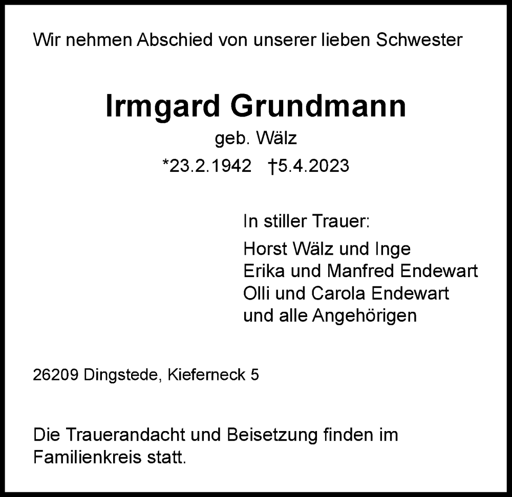 Traueranzeigen Von Irmgard Grundmann Nordwest Trauer De