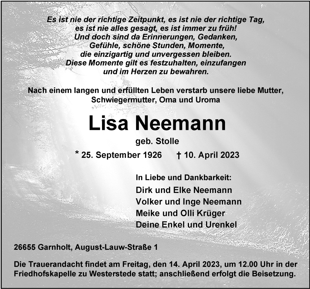 Traueranzeigen Von Lisa Neemann Nordwest Trauer De