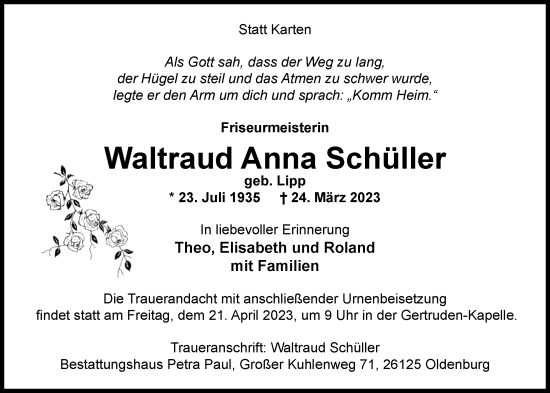 Traueranzeigen von Waltraud Anna Schüller nordwest trauer de