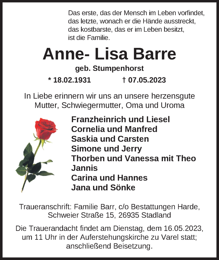 Traueranzeigen Von Anne Lisa Barr Nordwest Trauer De