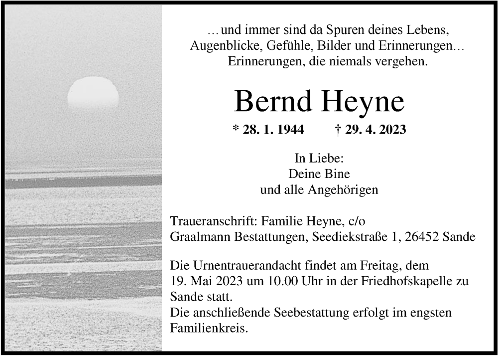 Traueranzeigen Von Bernd Heyne Nordwest Trauer De