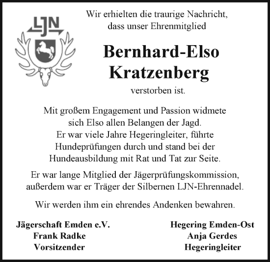 Traueranzeige von Bernhard-Elso Kratzenberg von Emder Zeitung