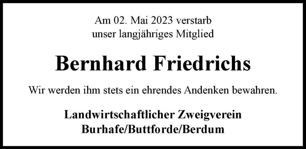 Traueranzeigen Von Bernhard Friedrichs Nordwest Trauer De