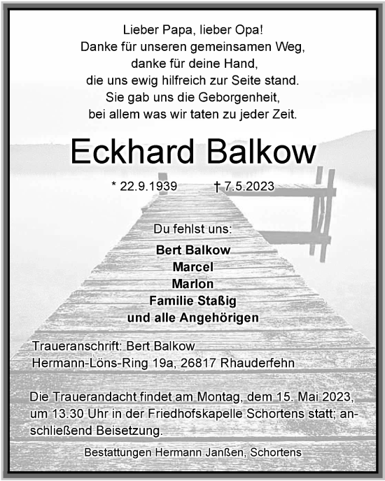 Traueranzeigen Von Eckhard Balkow Nordwest Trauer De