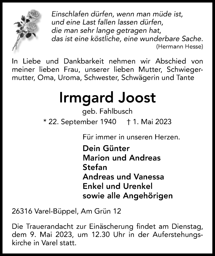 Traueranzeigen Von Irmgard Joost Nordwest Trauer De