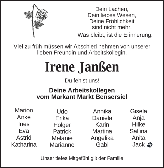 Traueranzeigen Von Janssen Irene Nordwest Trauer De